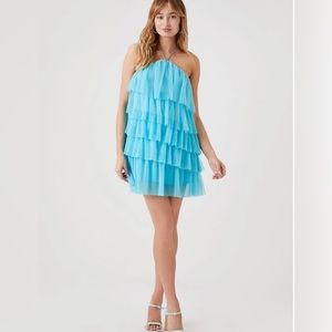 Hot pink pleated mesh tulle tiered halter dress nwot